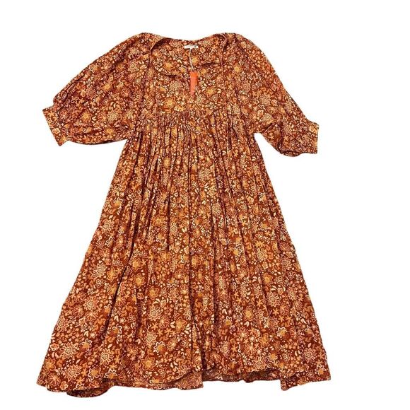 NWT Sundry Midi Dress Brown Orange Floral Cotton Boho Oversized Puff Sleeve S 1 - Picture 5 of 15